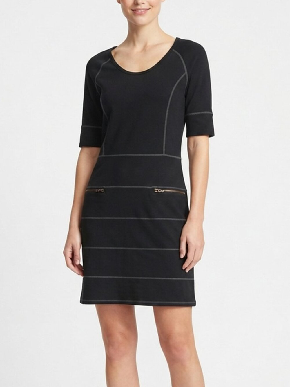 Athleta Black Stretch Cotton Blend Shift Dress Short Sleeve Zip Pockets Size L